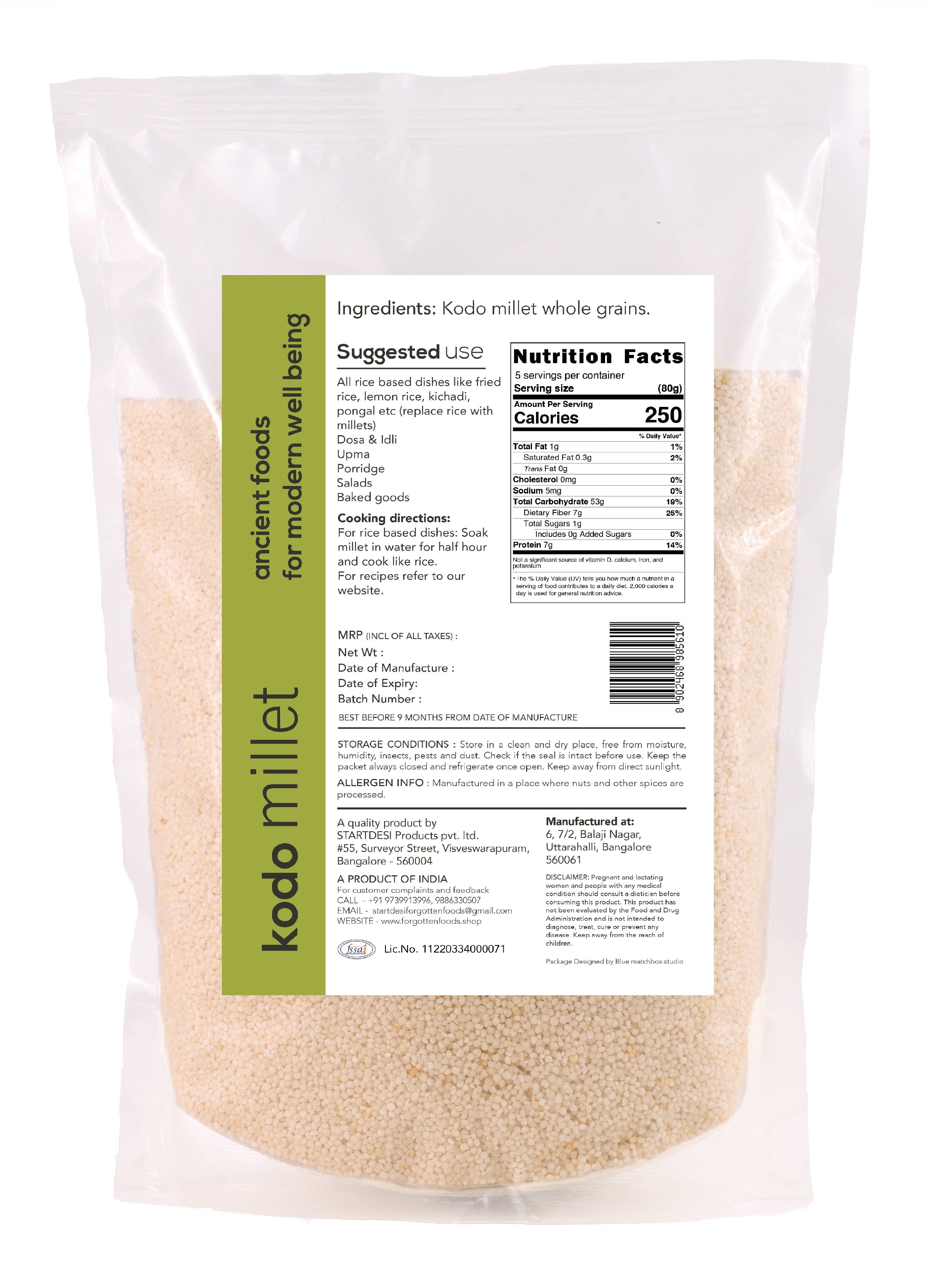 Combo of Millets - Kodo, Foxtail & Little Millet Siridhanya Whole Grains - 900g each