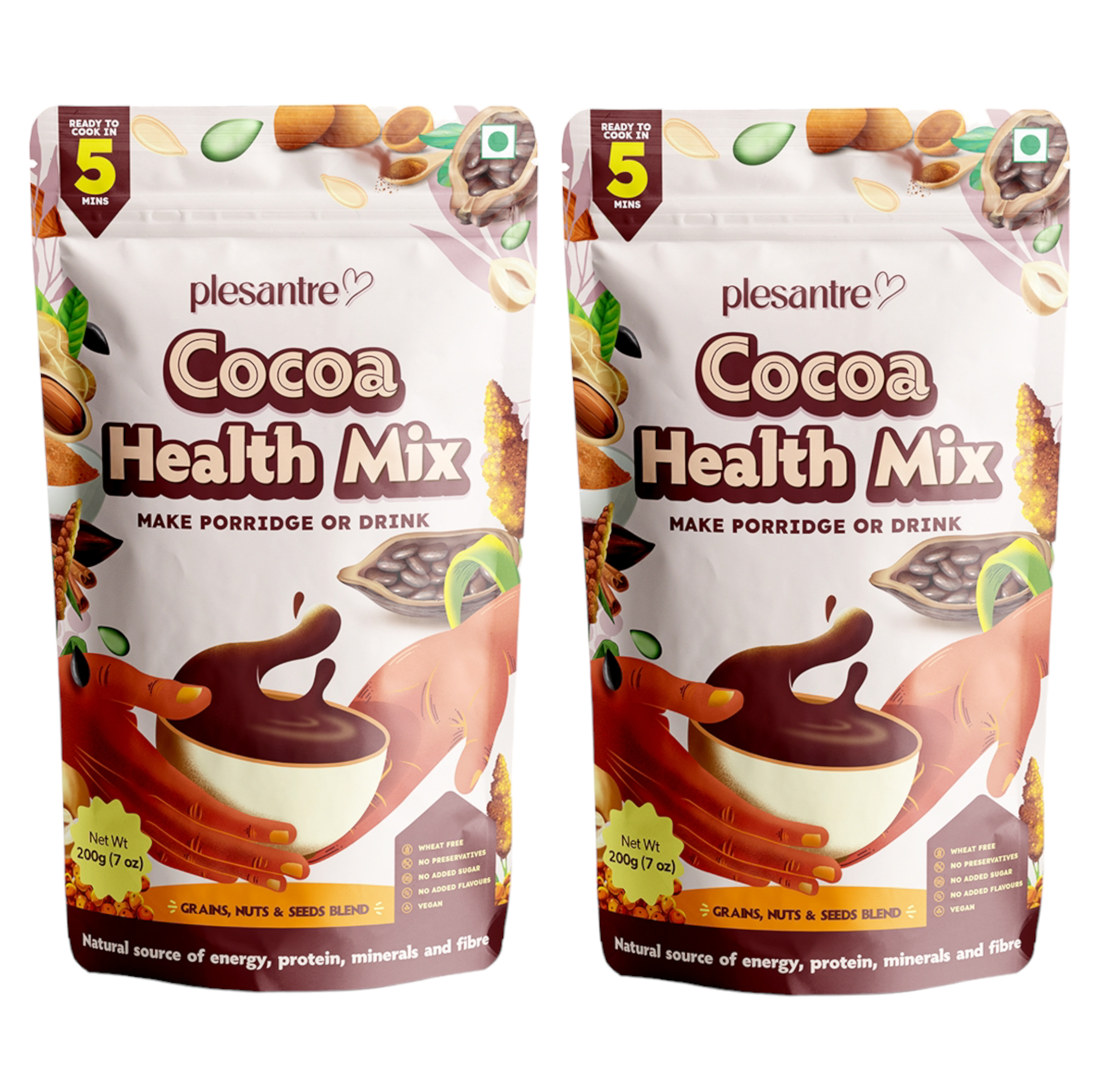 Plesantre Cocoa Jaggery Health Mix, Yummy Hot Chocolate Flavoured Porridge and Drink Premix, Nutritious Breakfast Option with Millet Whole Grains, Lentils, Nuts and Seeds - Wheat-Free, No Added Sugar, 200g Pack