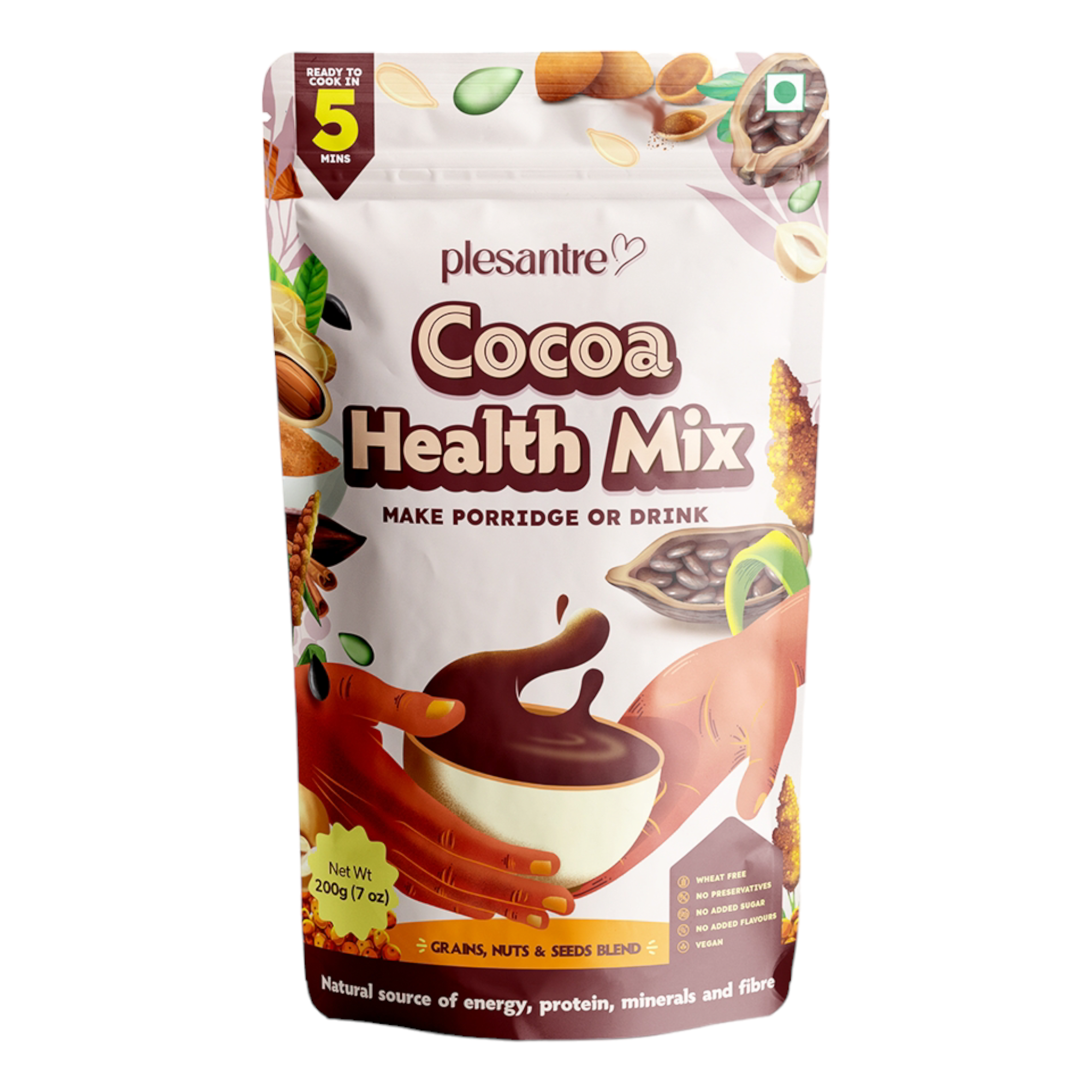 Plesantre Cocoa Jaggery Health Mix, Yummy Hot Chocolate Flavoured Porridge and Drink Premix, Nutritious Breakfast Option with Millet Whole Grains, Lentils, Nuts and Seeds - Wheat-Free, No Added Sugar, 200g Pack