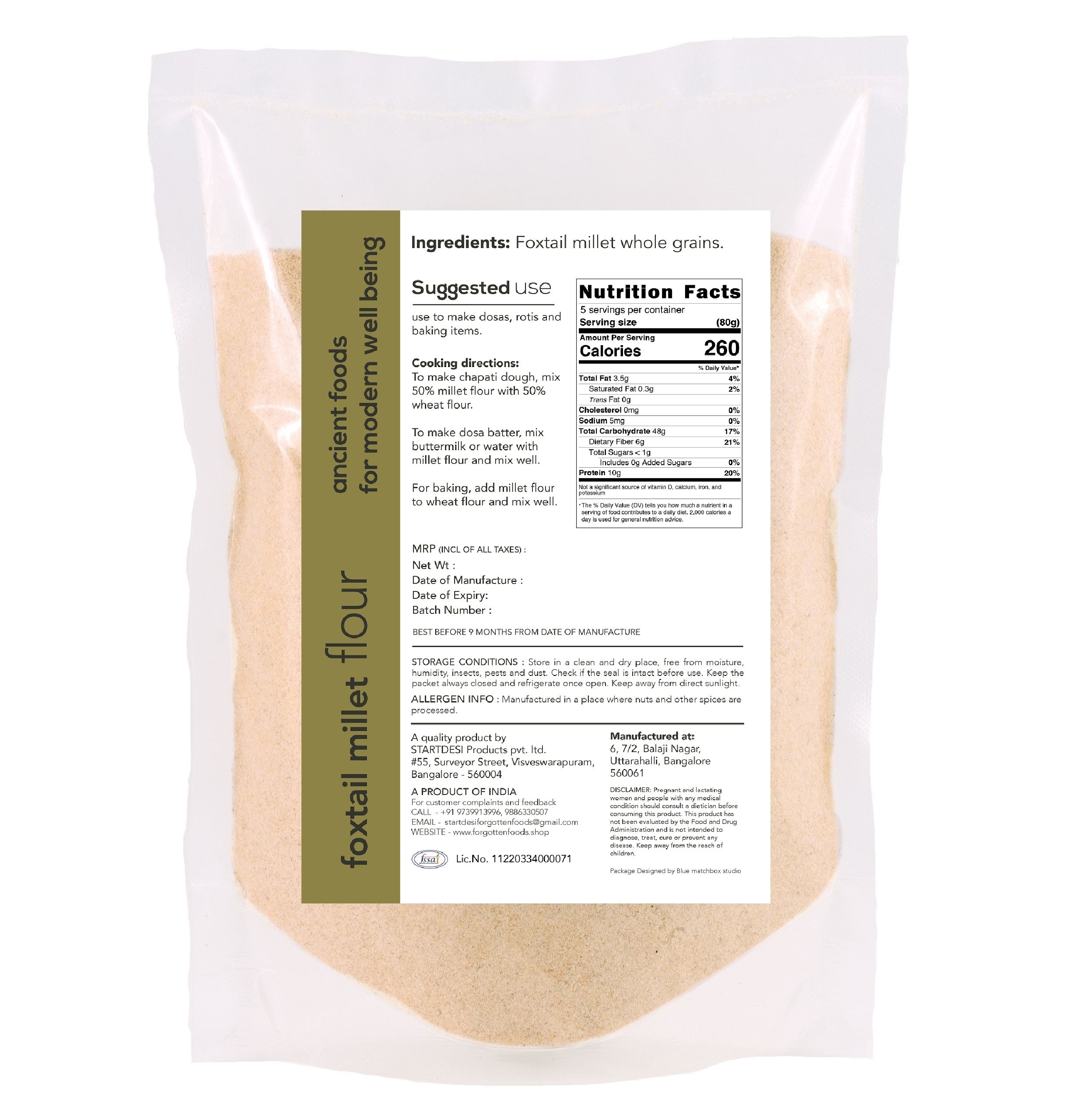 Forgotten Siridhanya Foxtail millet flour - 400g x Pack of 2