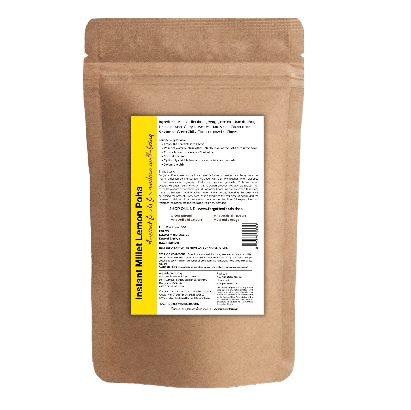 FORGOTTEN FOODS Instant Lemon Poha made with Kodo Millets - Vegan, Low GI, Gluten Free, 80g