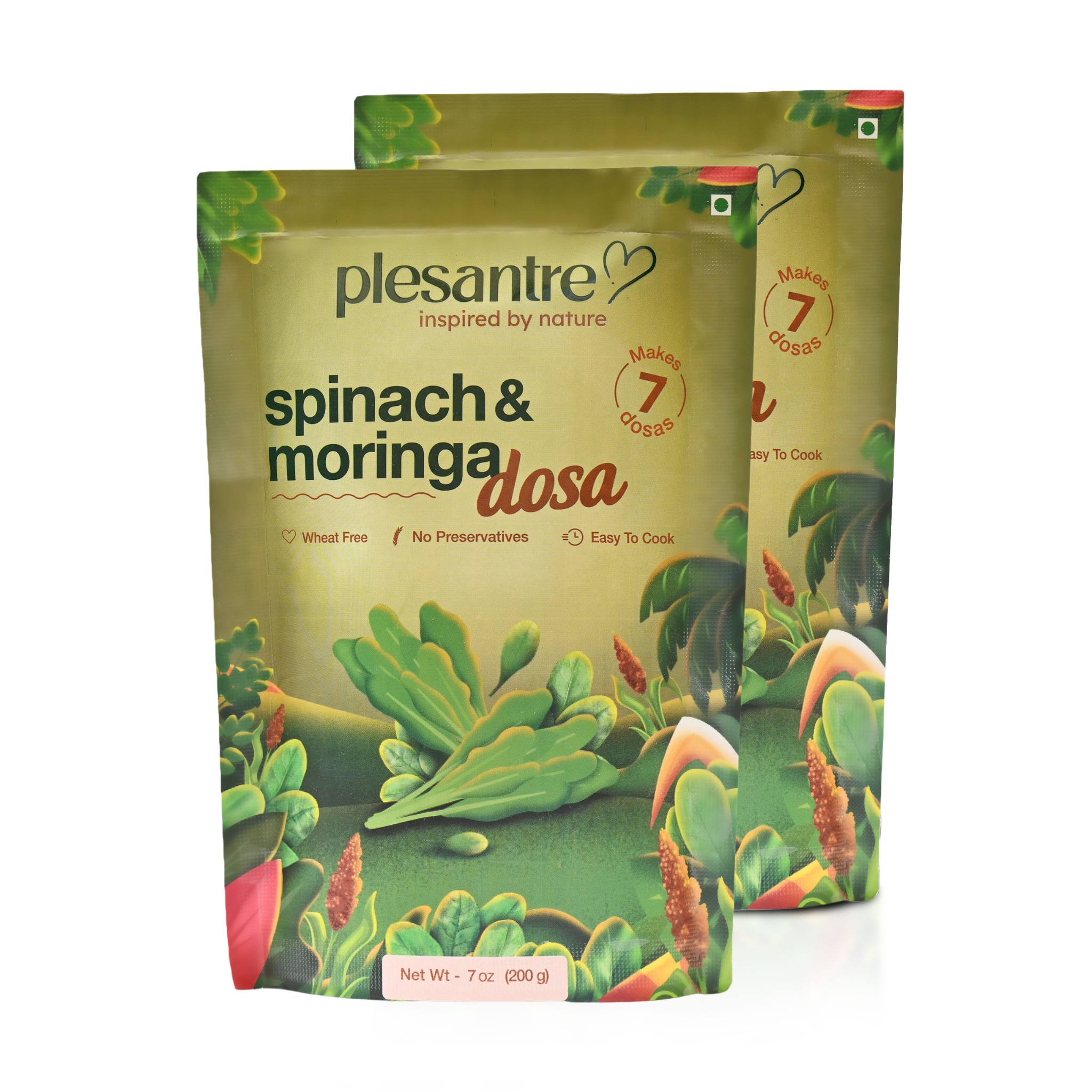 plesantre "Spinach & Moringa Dosa" Healthy Greens Superfood Dosa Batter Mix - Instant Ready to Cook Breakfast Premix - Wheat Free, Vegan, No Preservatives - 200g x Pack of 2, Makes 14 Dosas
