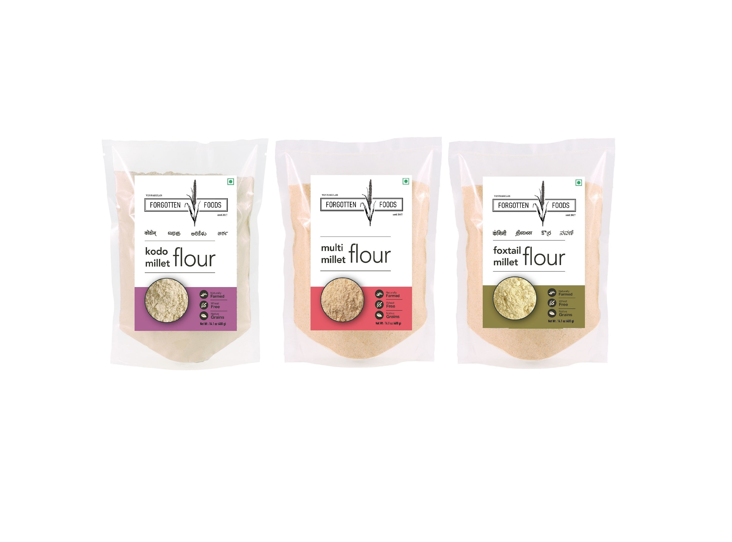 Millet Flour Combo - Siridhanya Foxtail, Kodo and Multi Millet Flour - 400g each