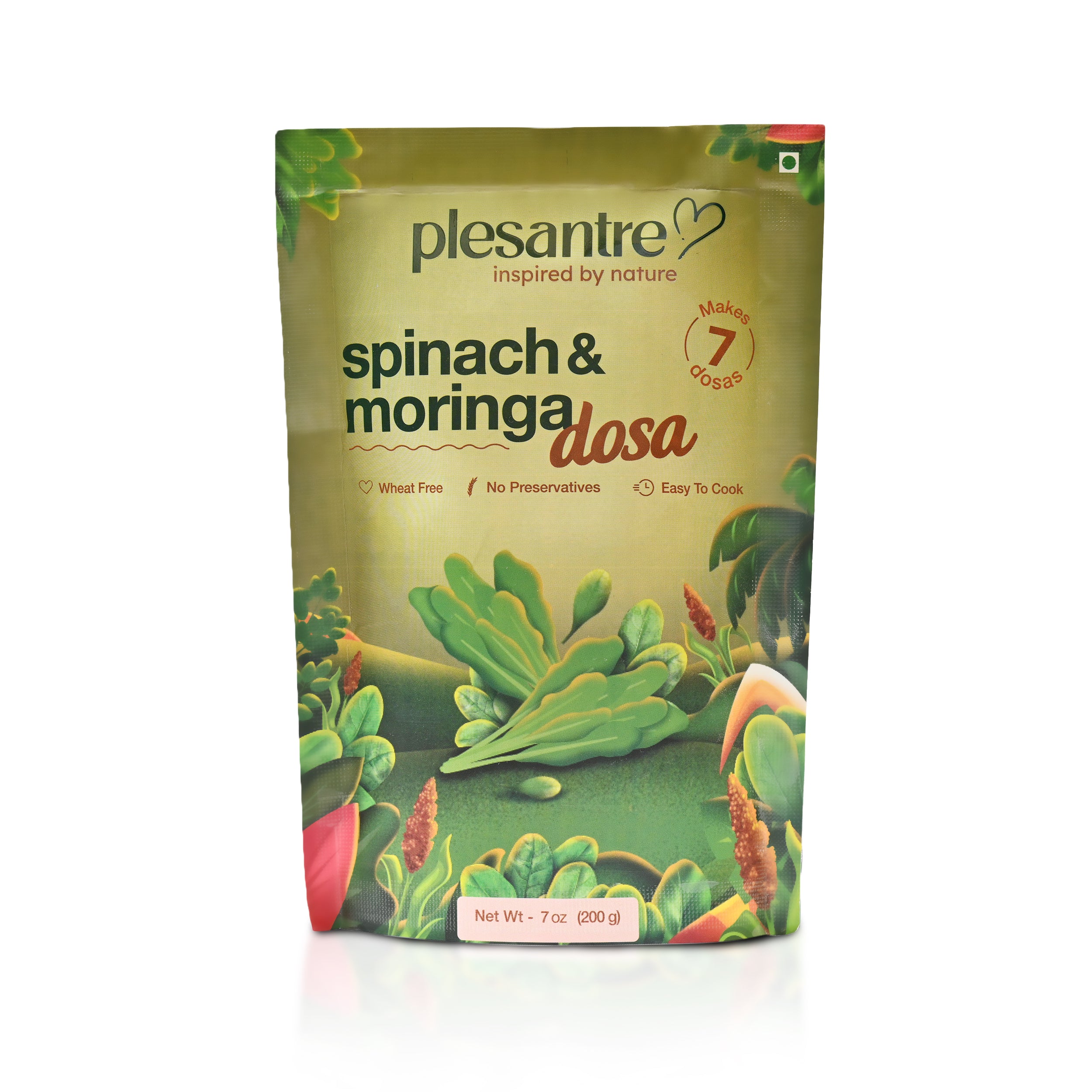plesantre "Spinach & Moringa Dosa" Healthy Greens Superfood Dosa Batter Mix - Instant Ready to Cook Breakfast Premix - Wheat Free, Vegan, No Preservatives - 200g x Pack of 2, Makes 14 Dosas