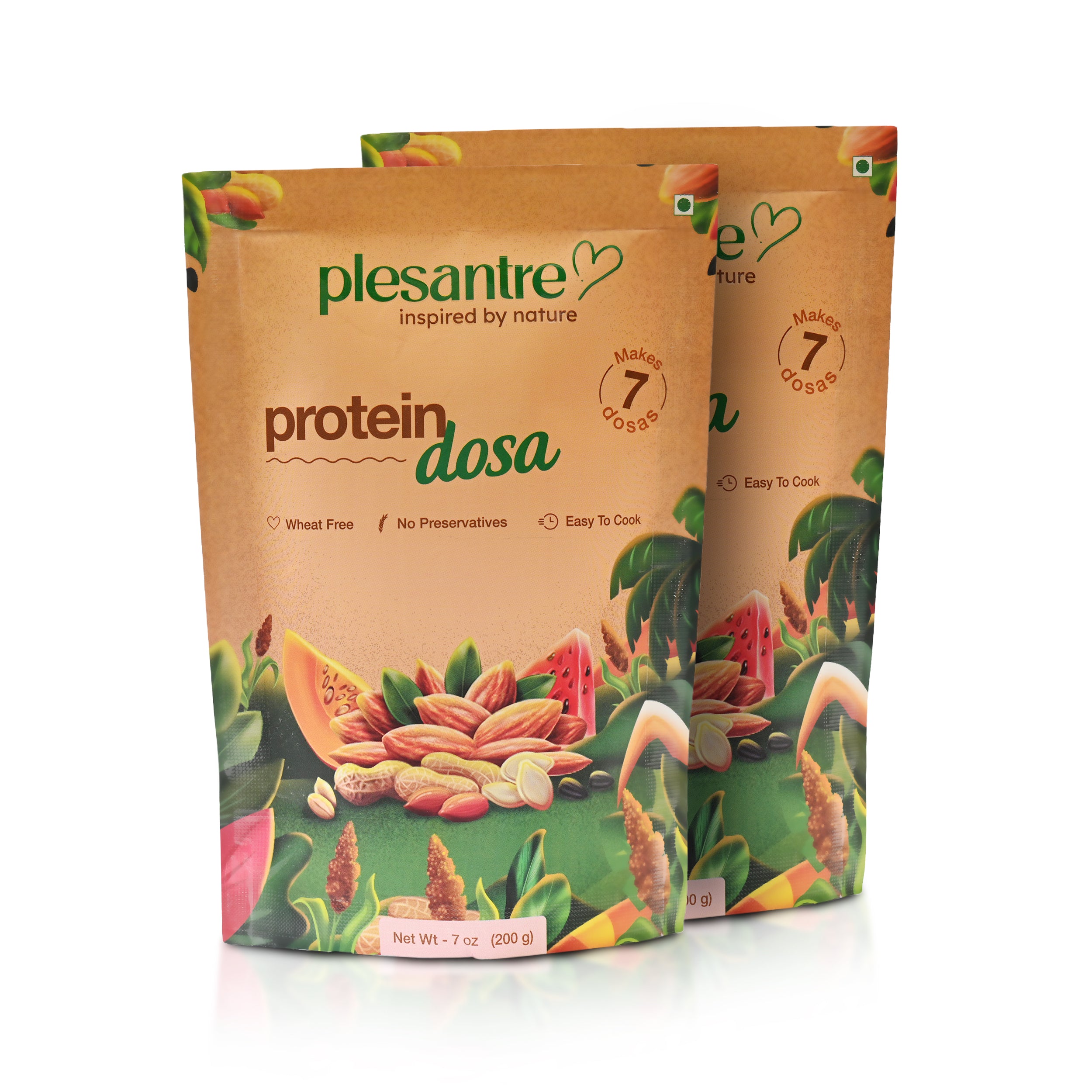 plesantre "Protein Dosa" Instant Delicious Dosa Batter Mix - Healthy Nutritious Breakfast Premix - Plant Proteins, High Fibre, Low GI, Low Carb & Diabetic Friendly - 200g x Pack of 2, Makes 15 Dosas